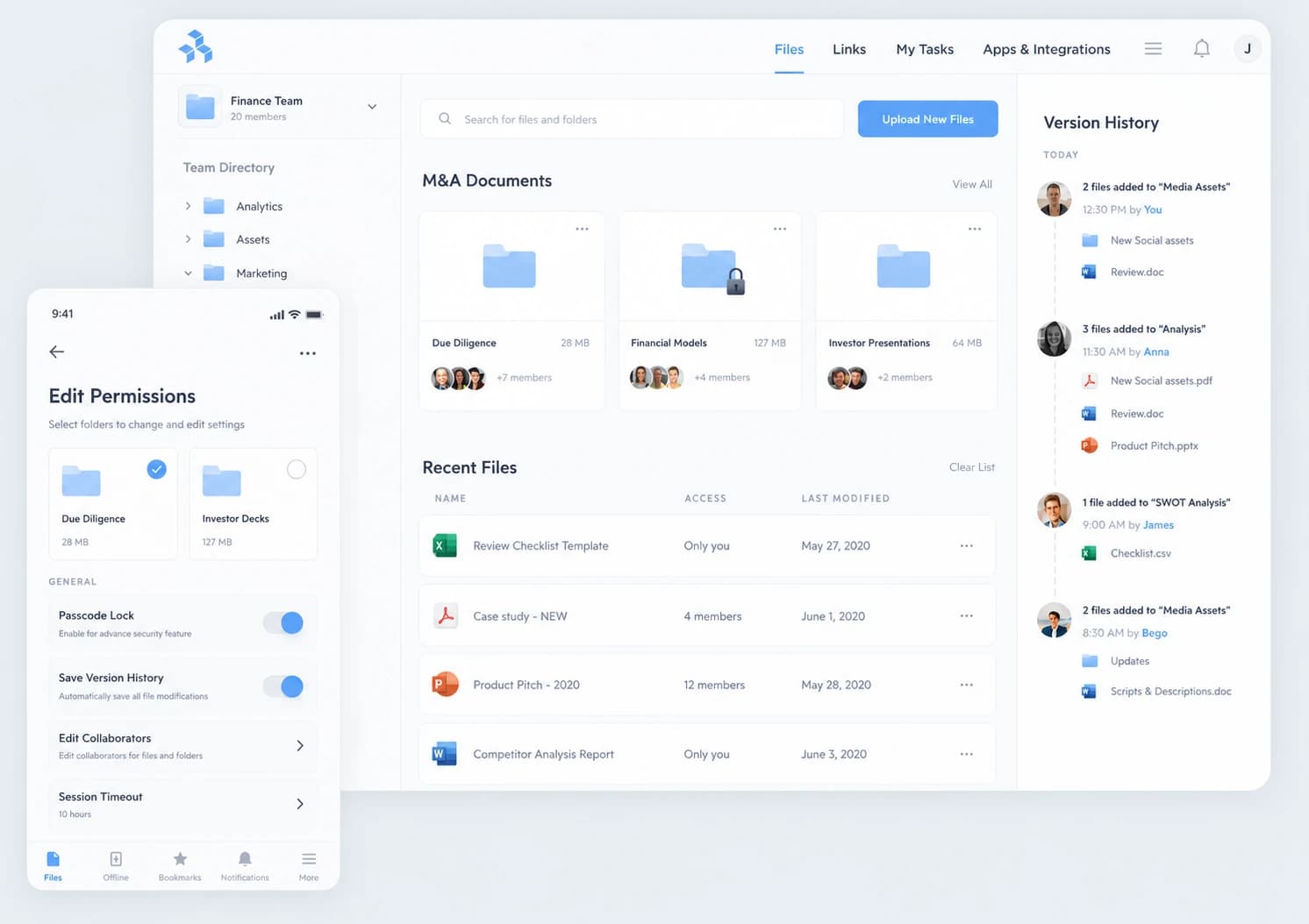 Docuvane dashboard showing organized folders, recent files, upload controls, and version history.