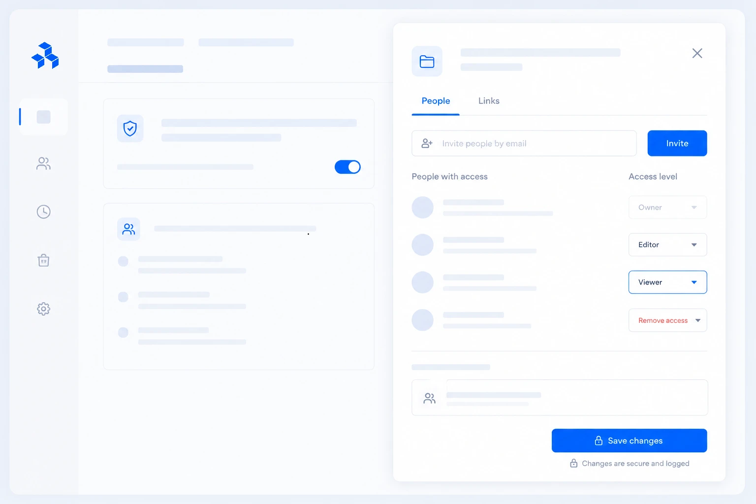 Docuvane access-management panel showing people with access, permission levels, invites, and save controls.