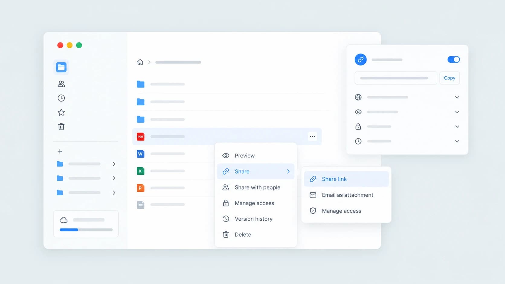 Docuvane file manager showing a selected file, share menu, secure link options, and access controls.
